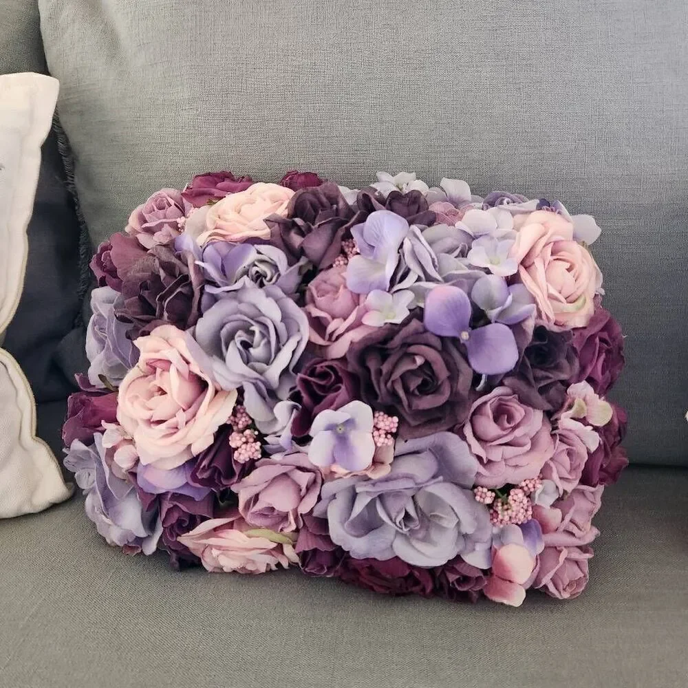 Decorative rose floral bouquet pillow bundle of 2 purple yellow